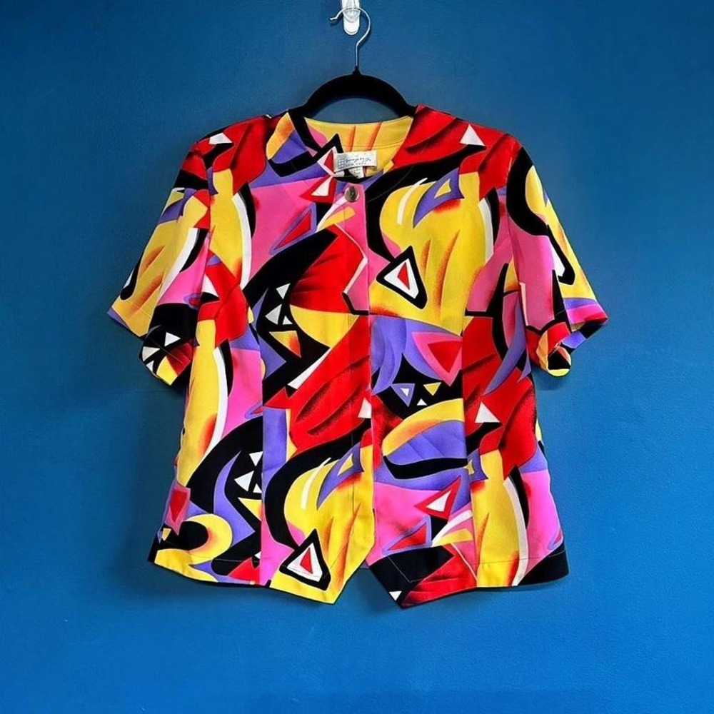 Vintage 1980s Blouse Women's Size Medium Abstract Colorblock Pink Purple Retro